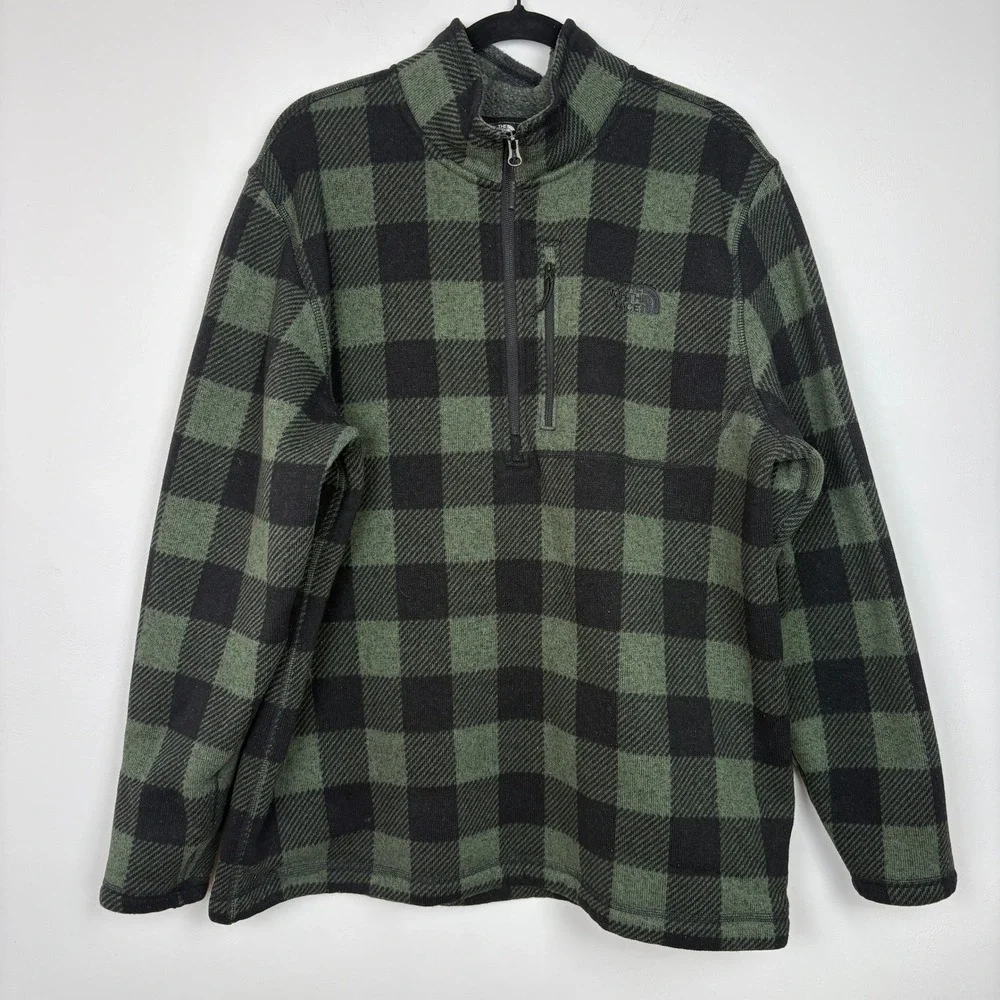 The North Face Mens 1/4 Zip Fleece Sweater XXL Green Plaid Pocket Elbow Patches